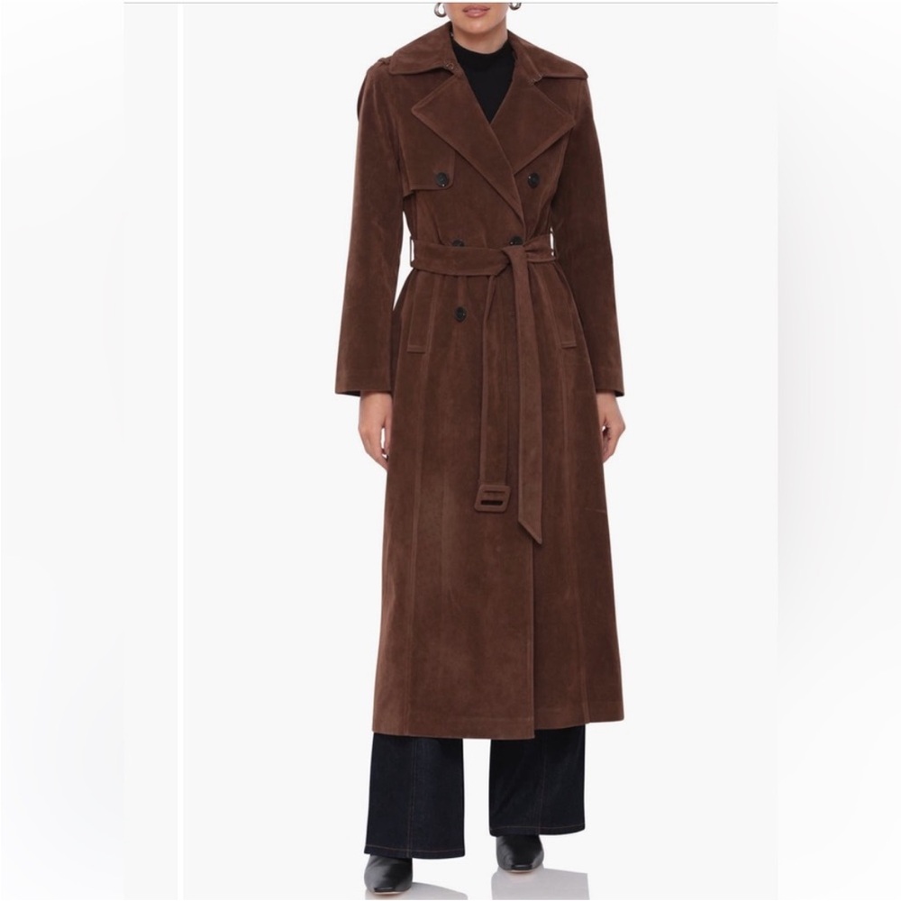 Avec Les Filles Brown Suede Double-Breasted Trench Coat with Belt